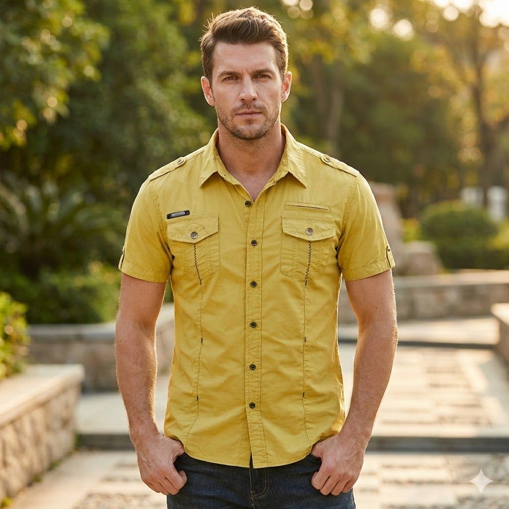 Camisa utilitaria de manga corta de algodón para hombre