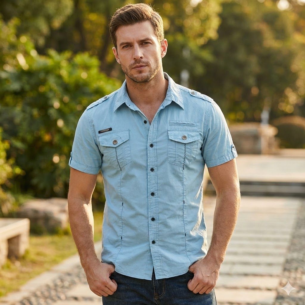 Camisa utilitaria de manga corta de algodón para hombre