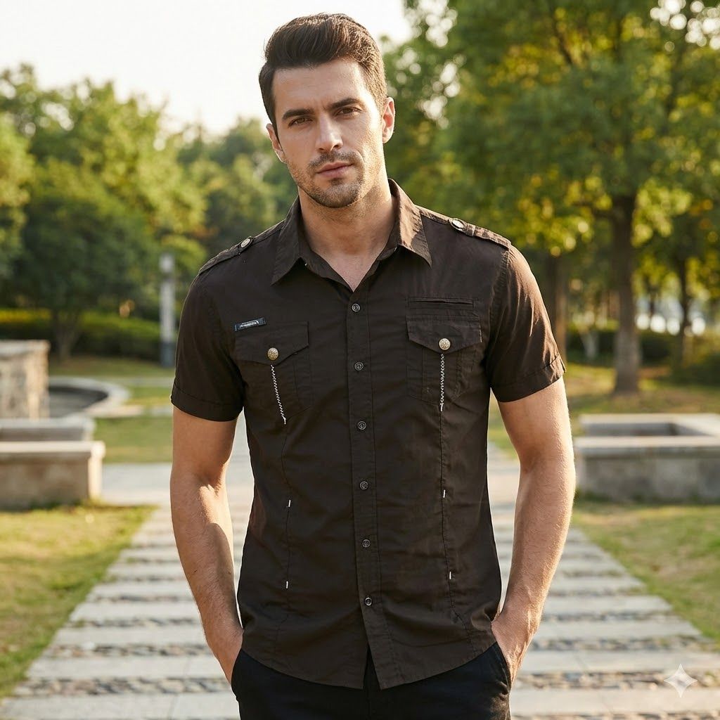 Camisa utilitaria de manga corta de algodón para hombre