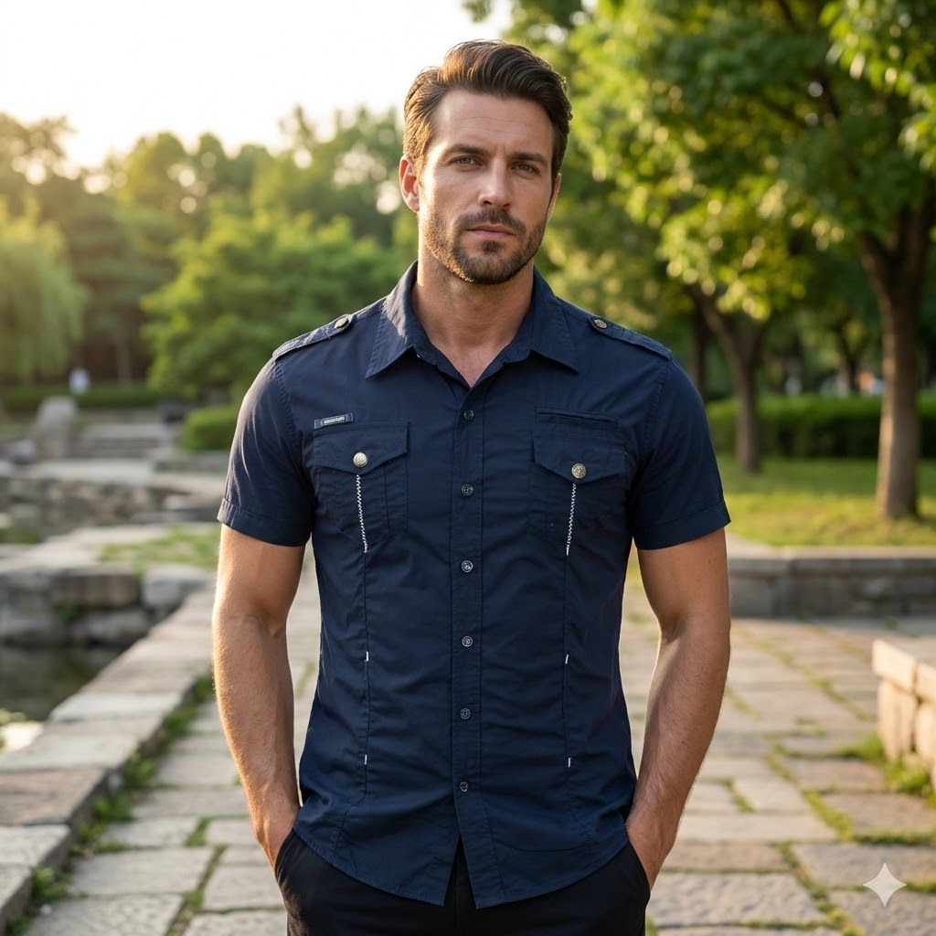 Camisa utilitaria de manga corta de algodón para hombre