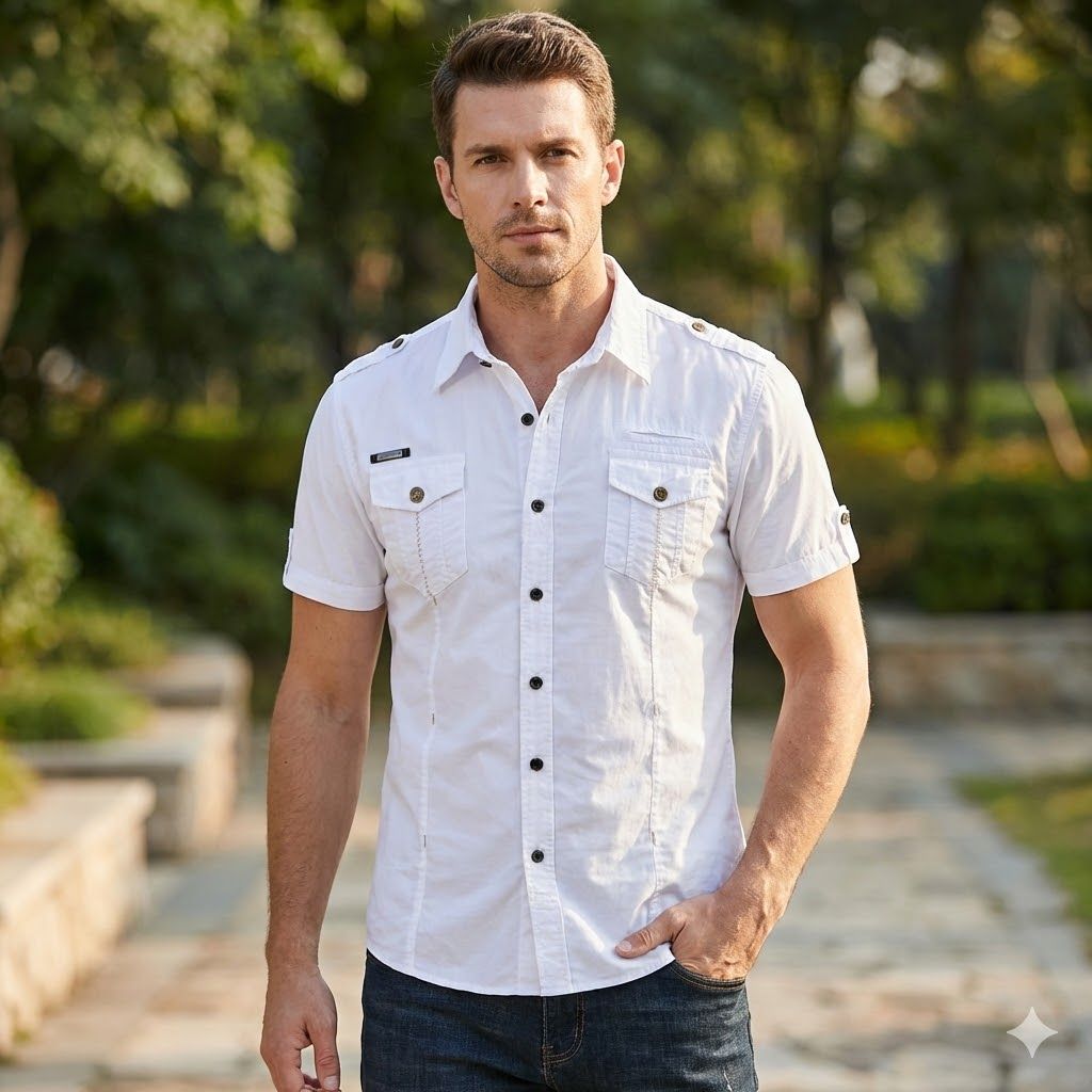 Camisa utilitaria de manga corta de algodón para hombre