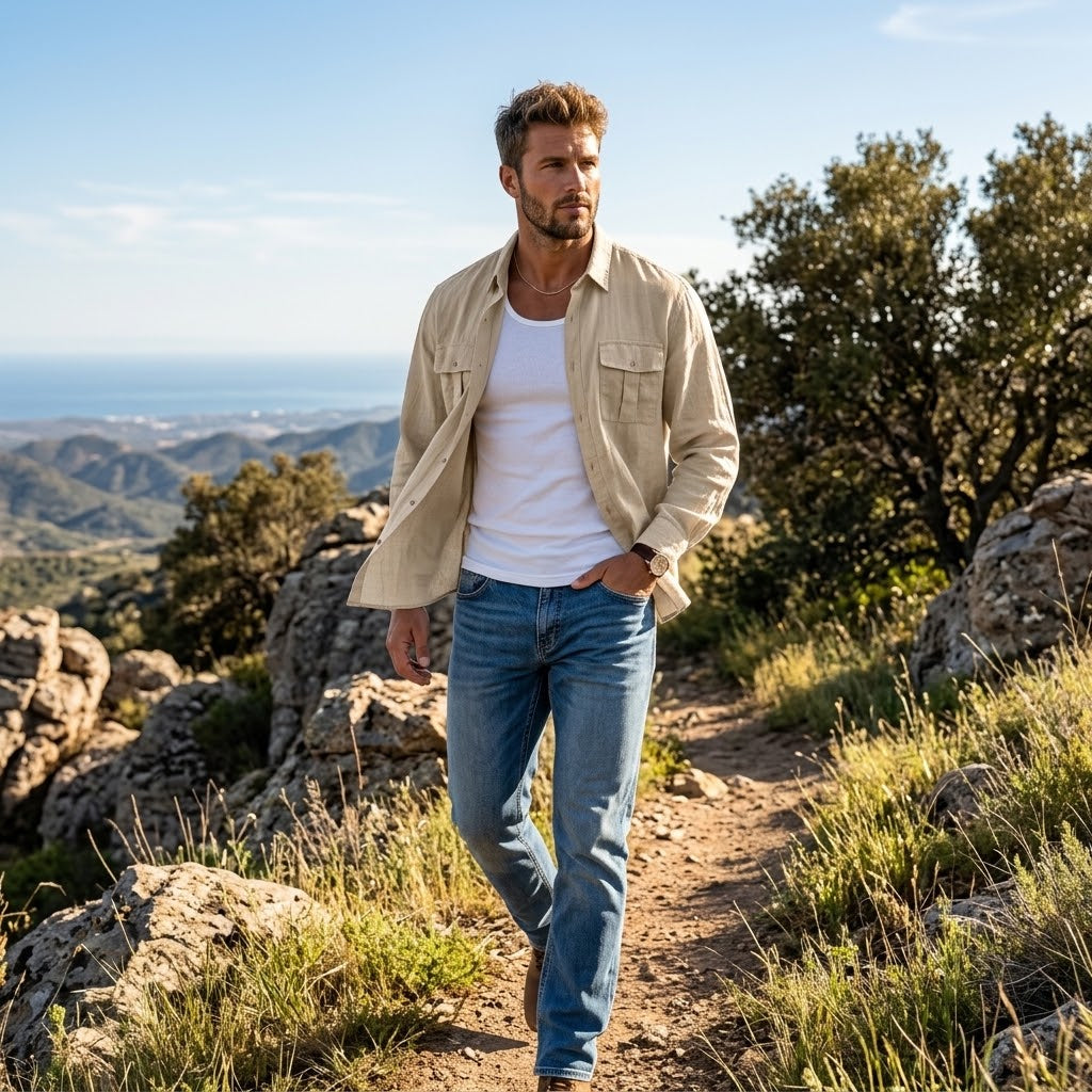 Herren-Leinen-Shirtjacke mit mehreren Taschen